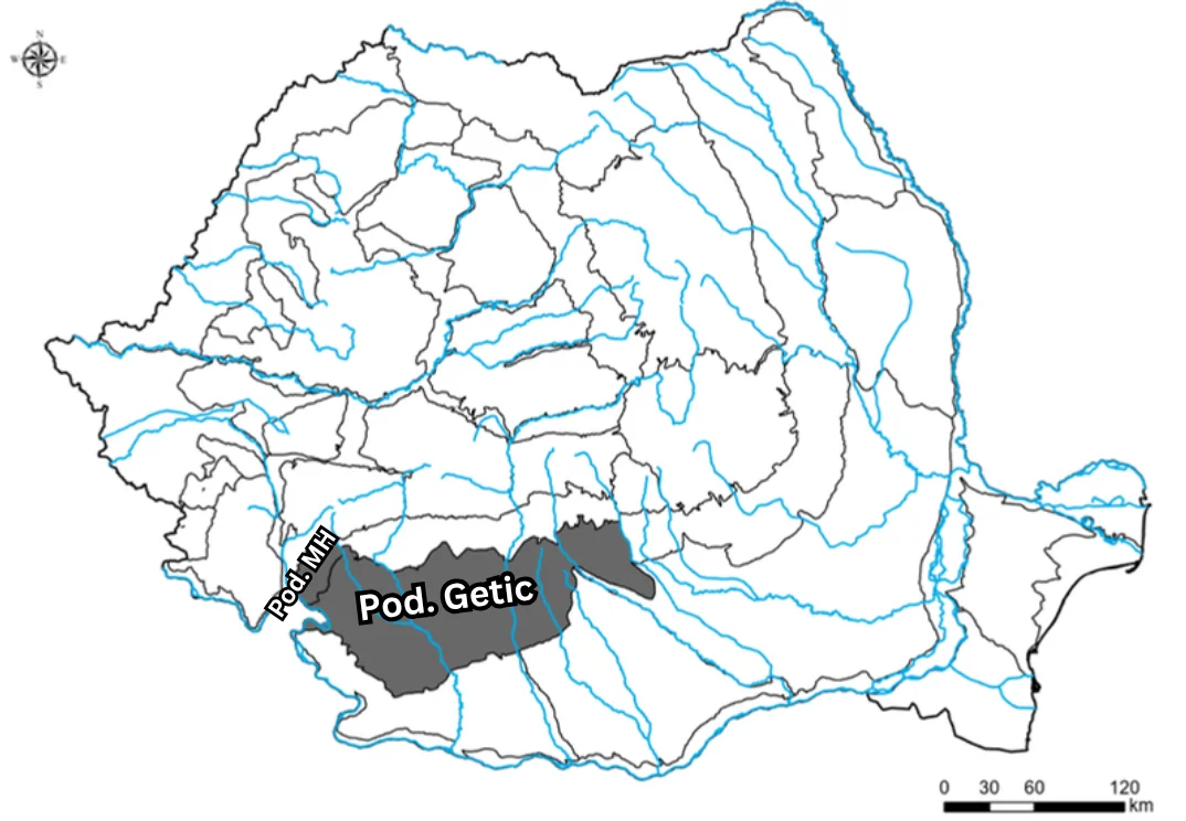 Harta Podișului Mehedinți și a Podișului Getic în sudul României
