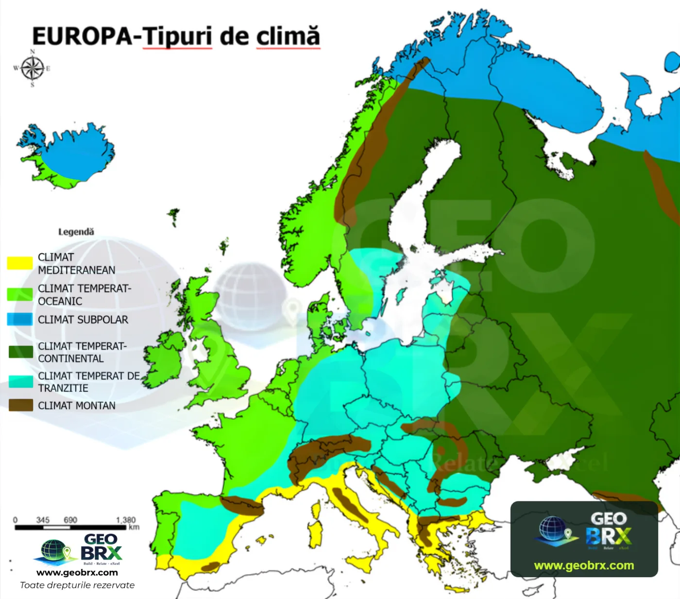 Harta tipurilor de climă din Europa, din cursul GEO BRX